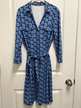 J. McLaughlin Blue Printed Shirt Dress with Tie Waist